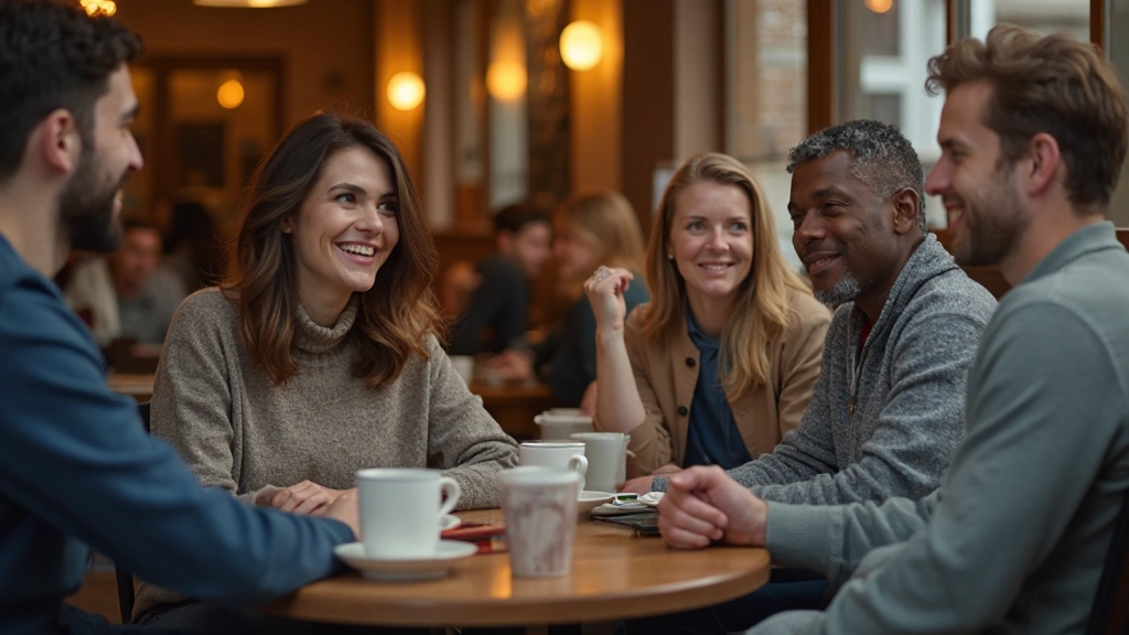 Diverse groep mensen in gezellige Nederlandse koffiewinkel voeren Nederlands gesprek