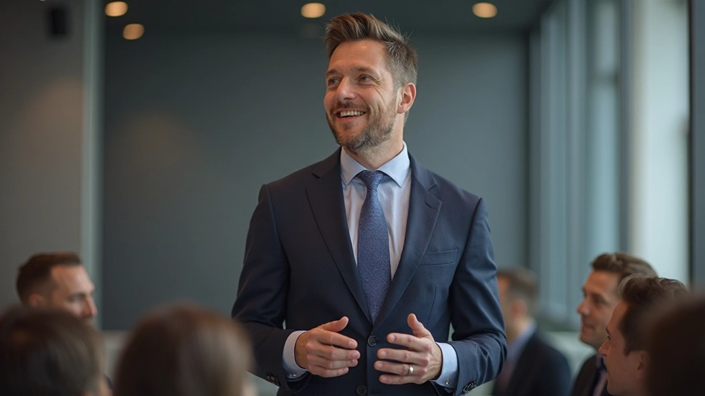 Zakenman presenteert aan internationaal publiek in conferentiezaal